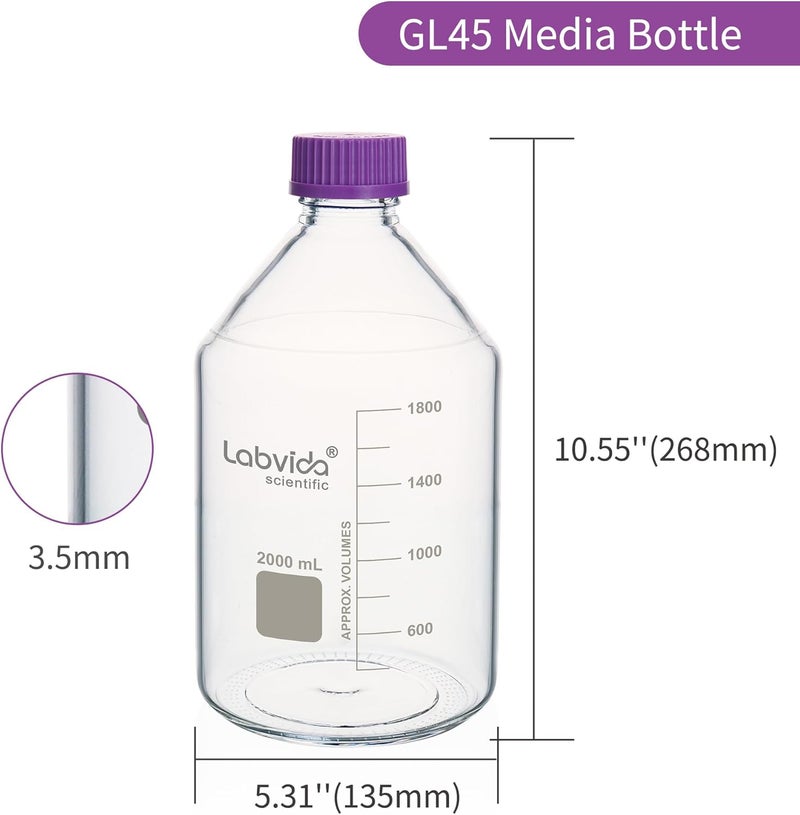 Labvida Glass Round Media Storage Bottles, Vol.2000ml, 3.3 Borosilicate Glass Material, With GL45 Polypropylene Screw Cap in Purple Color, LVAD009 - Image 5